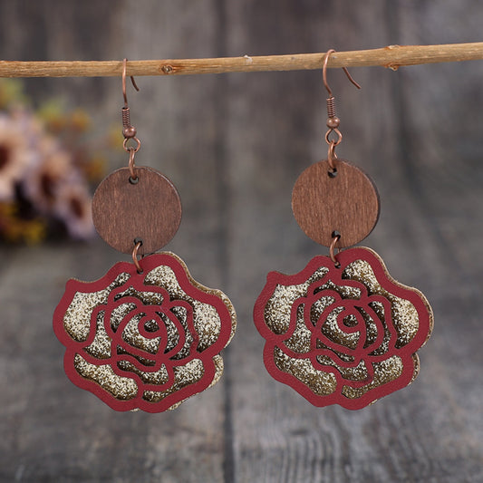 honeybee Mumford's Wooden Alloy Rose Shape Dangle Earrings