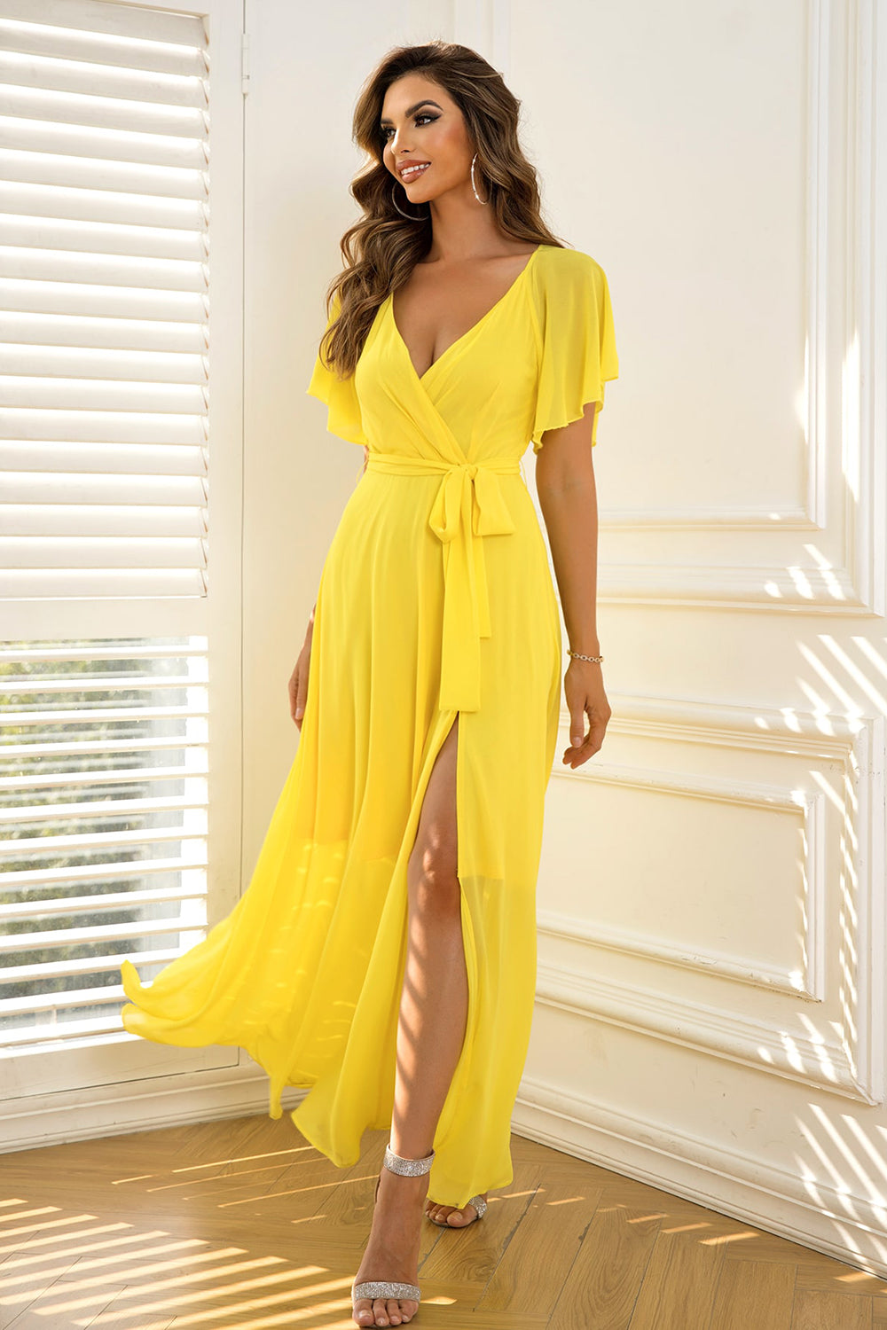 Honeybee Mumford's Tie Waist Flutter Sleeve Maxi Dress