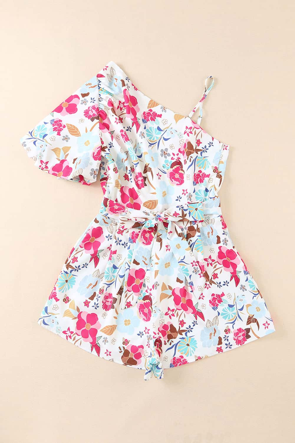 Honeybee Mumford's White Floral Single Bubble Sleeve Slant Shoulder Romper