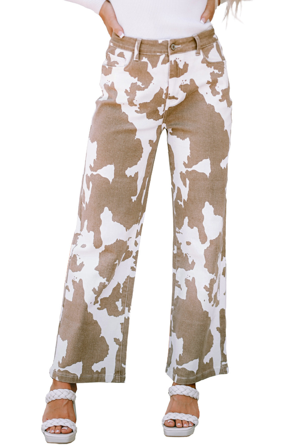 Honeybee Mumford's Khaki Cow Spot Print Pocketed Jeans