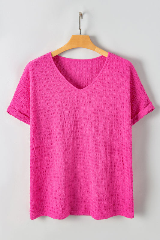 Honeybee Mumford's Bright Pink Plus Size Textured Folded Sleeve V Neck T Shirt