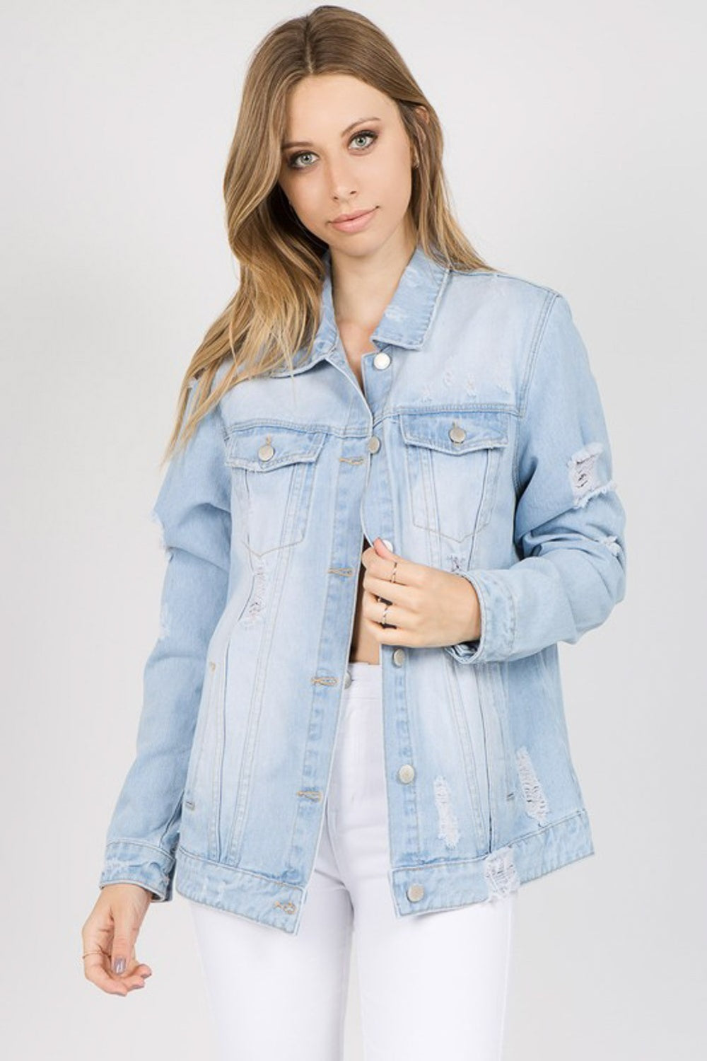 Honeybee Mumford's light blue "Fashion Tour" Patched Distressed Denim Jacket