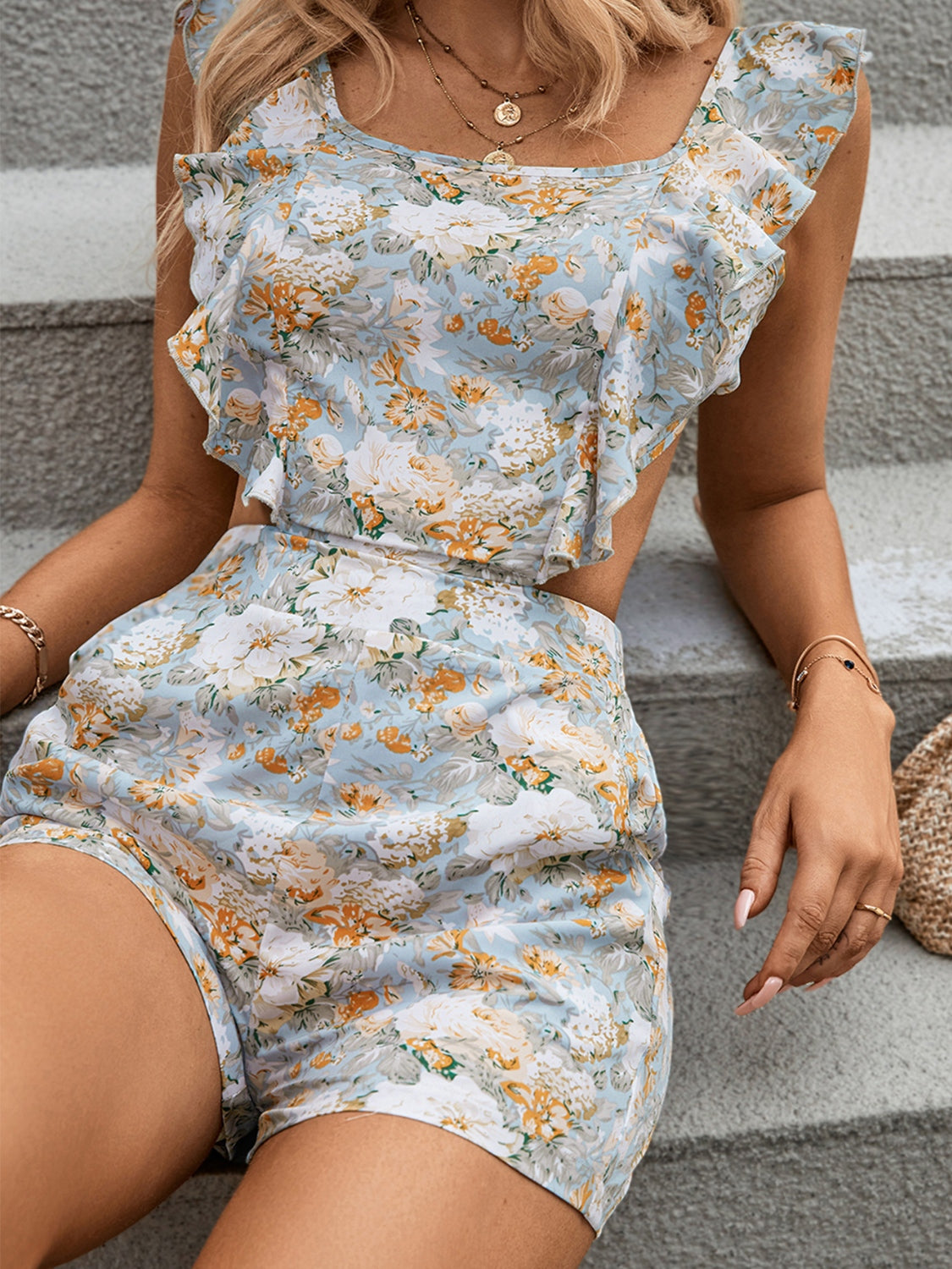 light blue floral Backless Square Neck Romper