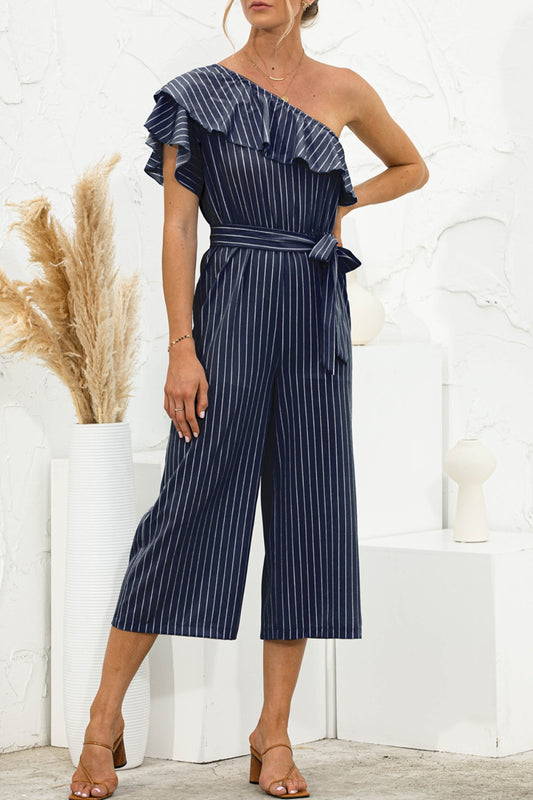 Honeybee Mumford's Ruffled Single Shoulder Tie Waist Jumpsuit