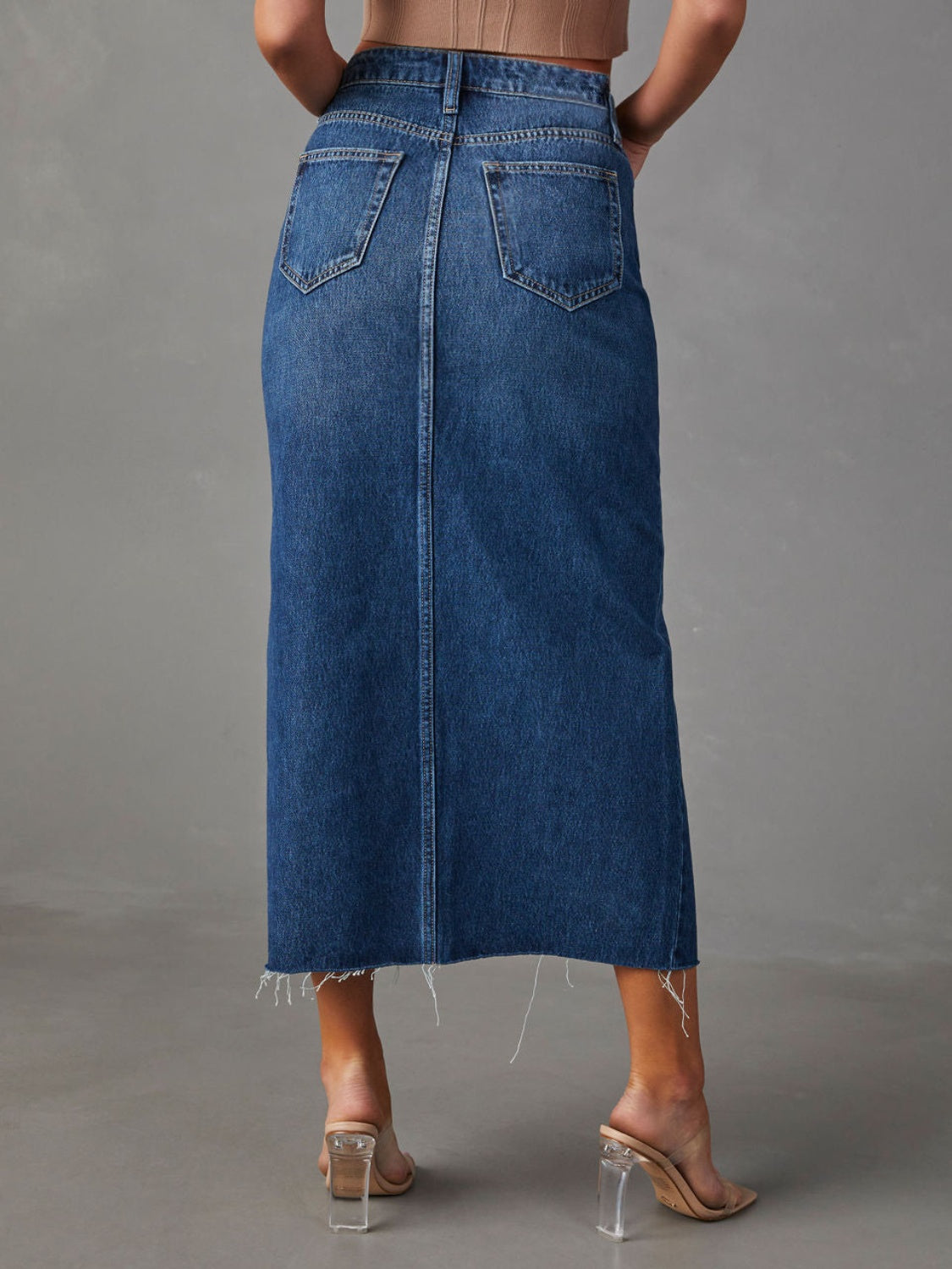 Honeybee Mumford's Slit Raw Hem Midi Denim Skirt