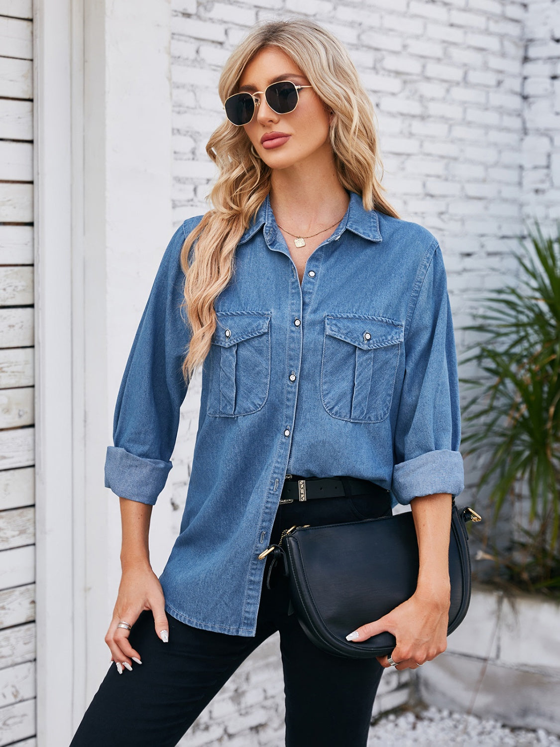 Honeybee Mumford's Button Up Denim Jacket w/ Collared Neck in Dark Blue & Dusty Blue