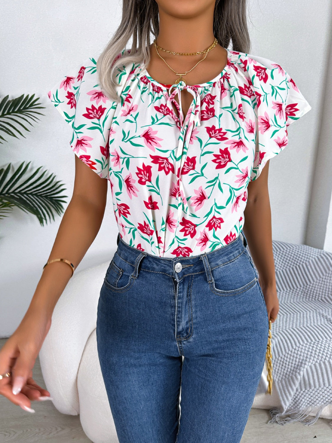 Honeybee Mumford's Floral Tie Neck Flutter Sleeve Blouse