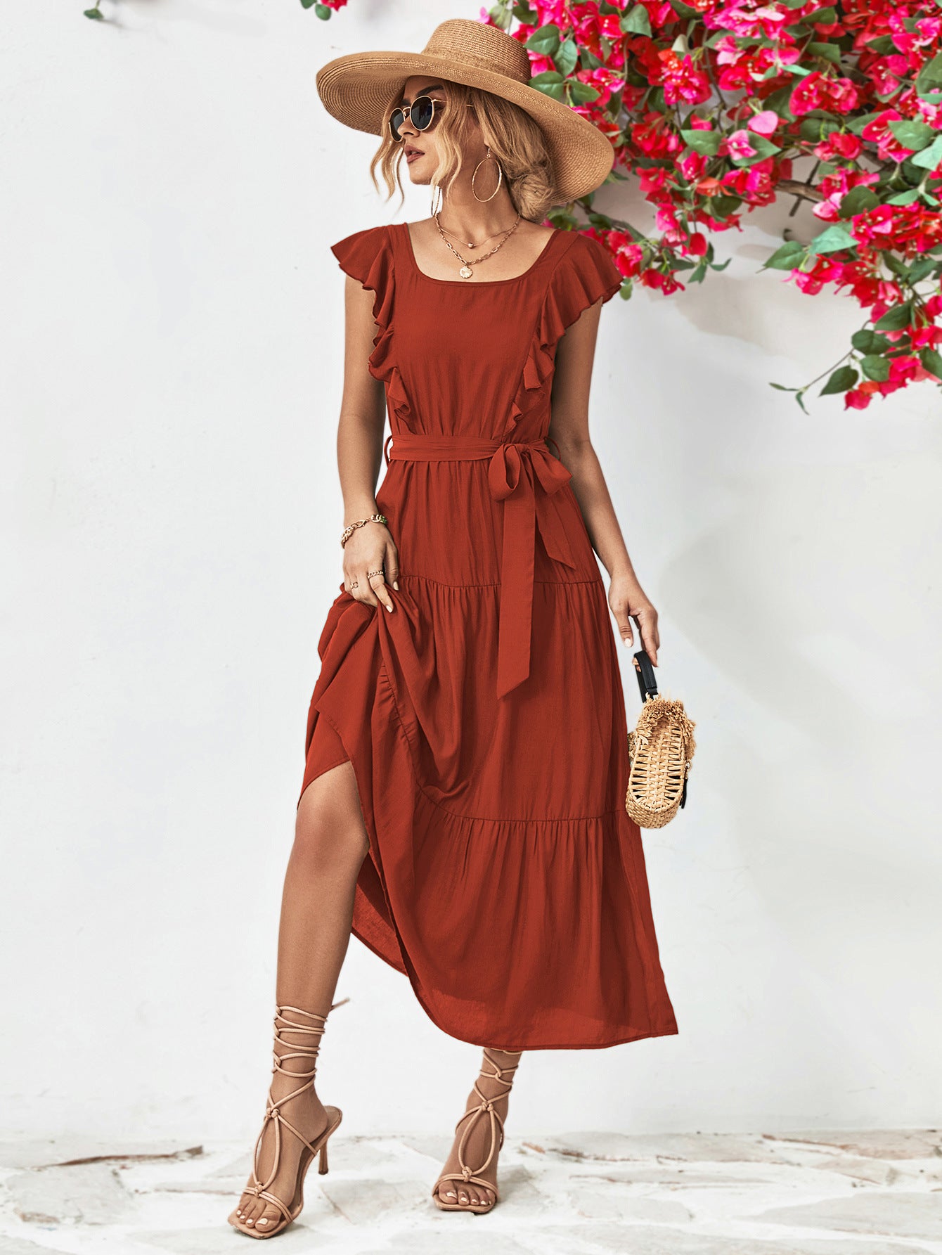 Honeybee Mumford's Tie Belt Ruffled Tiered Dress