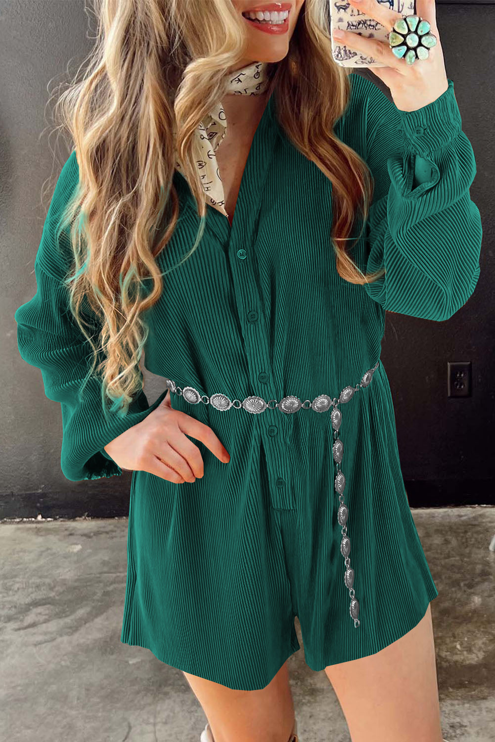 Honeybee Mumford's Sea Green Ribbed Long Sleeve Button Front Romper