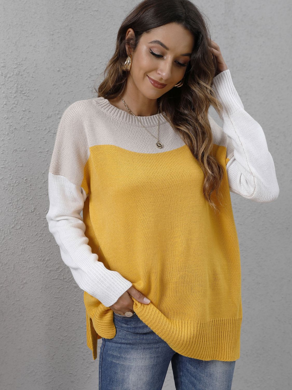 Honeybee Mumford's Color Block Round Neck Dropped Shoulder Sweater