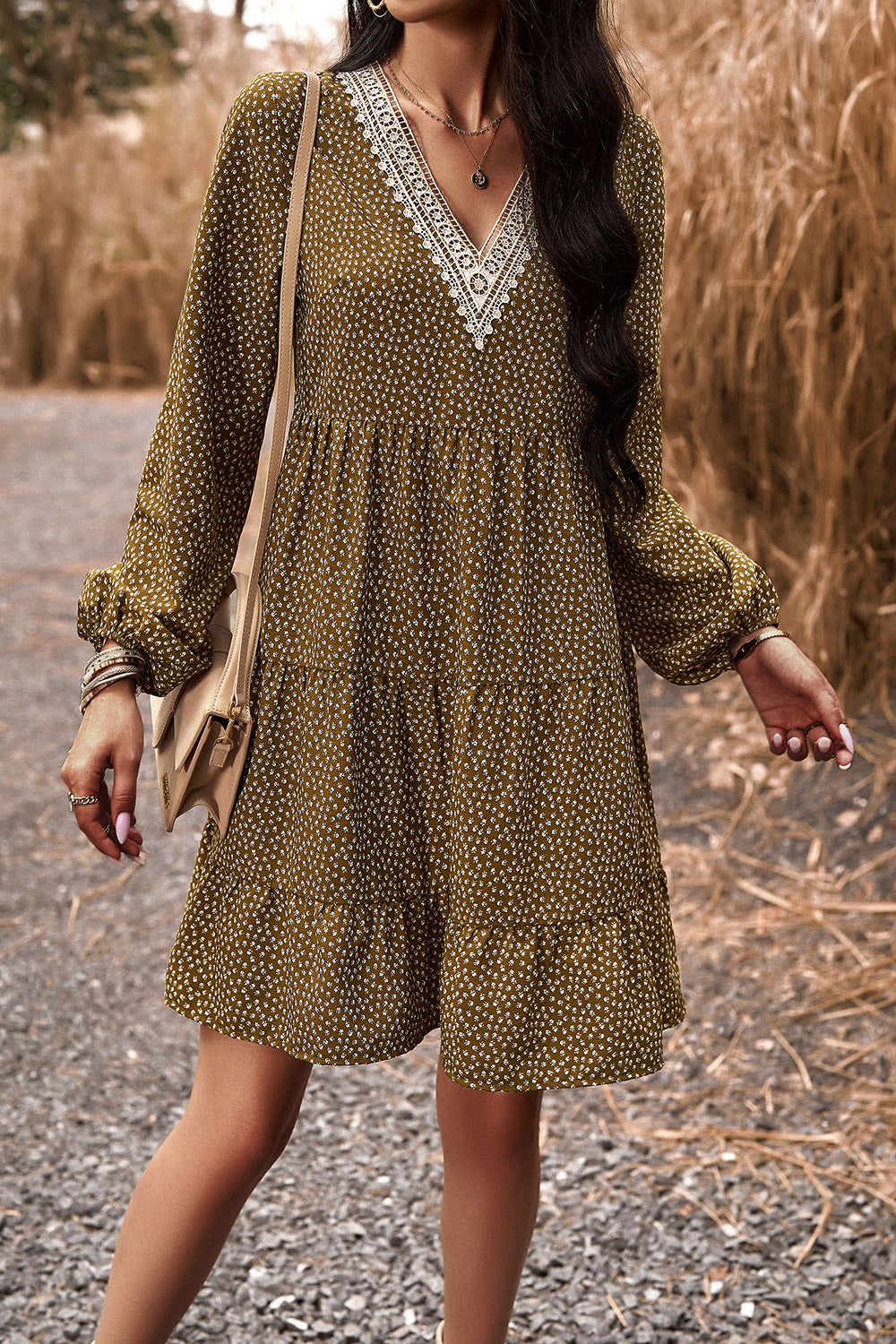 Honeybee Mumford's Lace Trim V-Neck Long Sleeve Dress