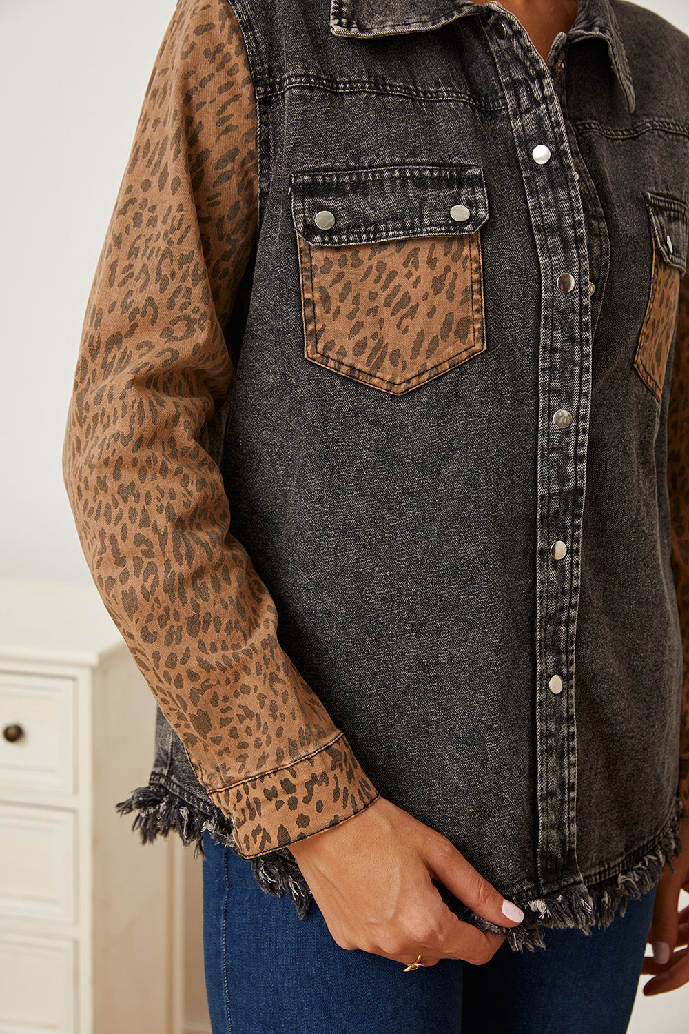 Honeybee Mumford's Leopard Raw Hem Pocketed Denim Jacket