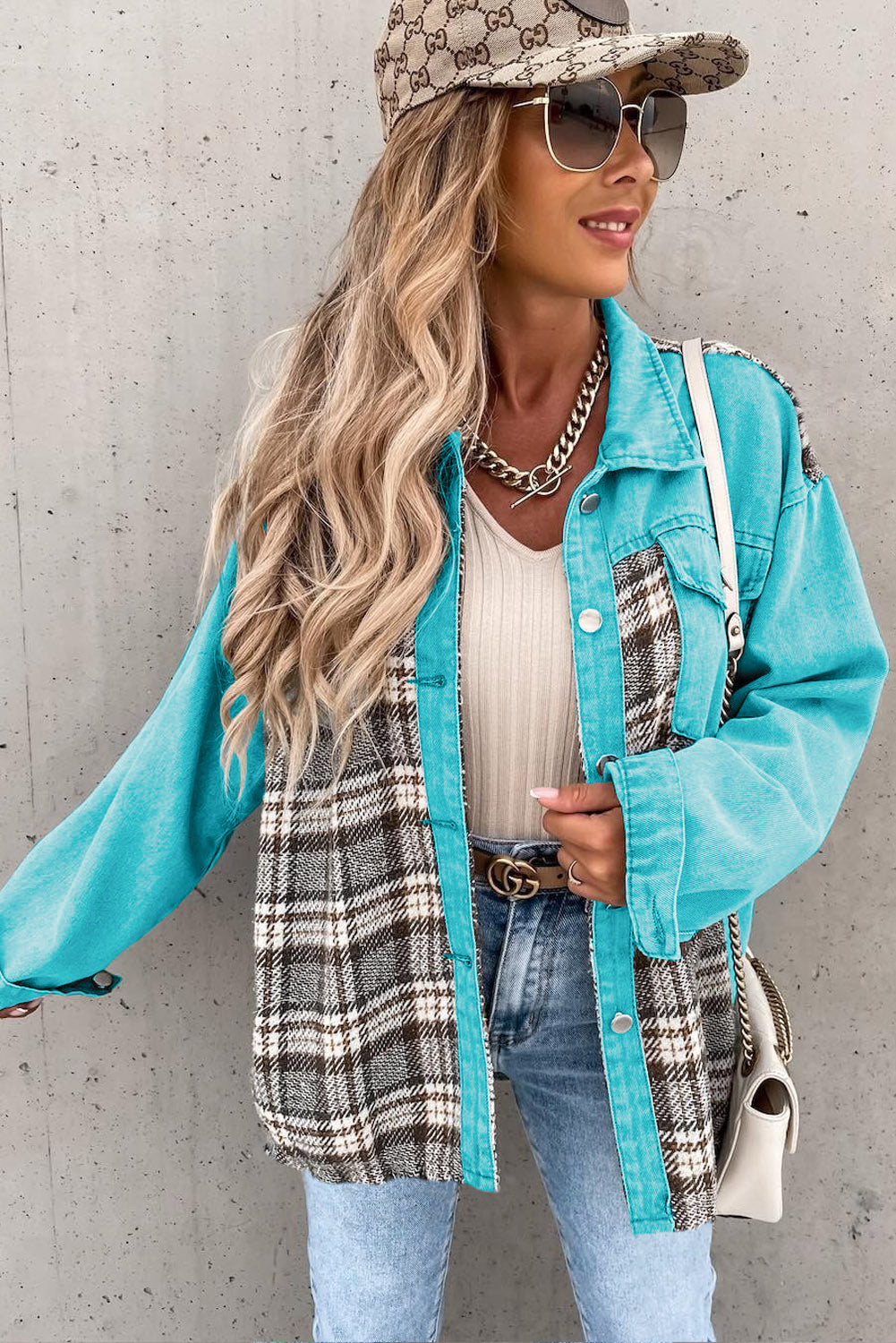 Honeybee Mumford's Sky Blue Plaid Patchwork Pockets Denim Jacket