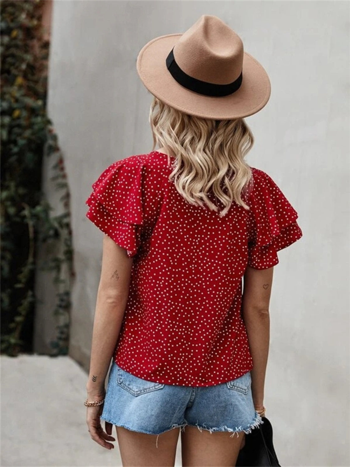 Honeybee Mumford's Ruffled Polka Dot Round Neck Short Sleeve Blouse