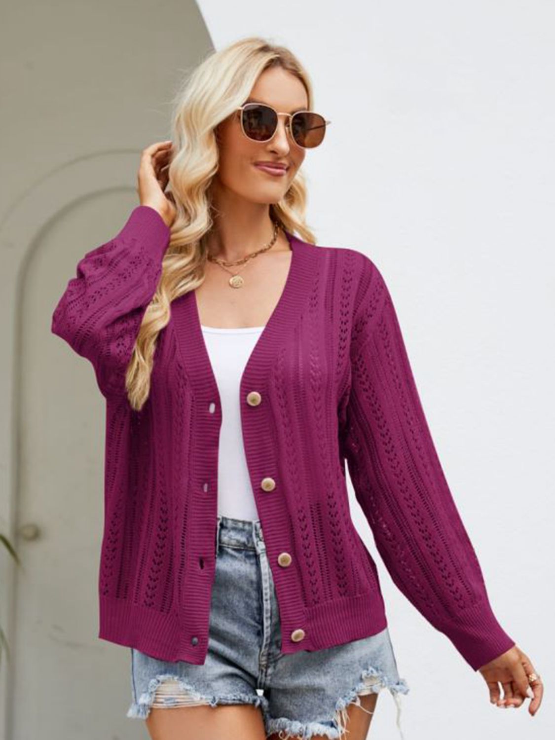 honeybee Mumford's Button Down Cardigan w/ Ribbed Trim in Deep Purple, Khaki and Army Green