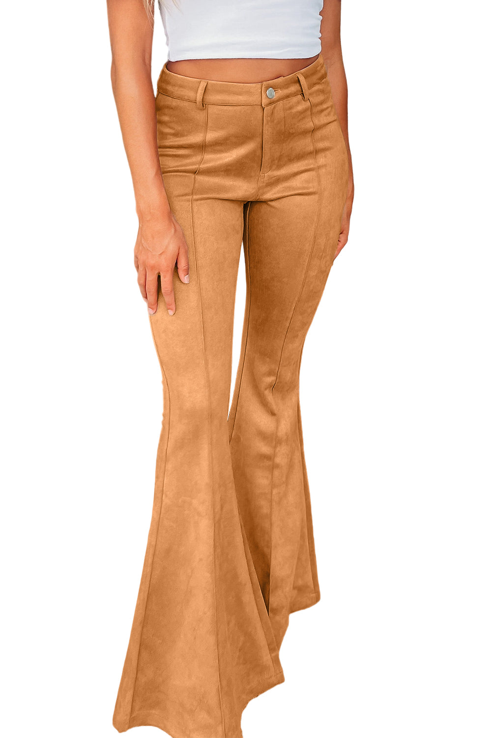 Honeybee Mumford's Brown Exposed Seam Flare Suede Pants with Pockets