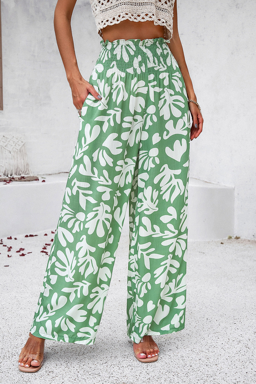 Honeybee Mumford's Smocked Printed Wide Leg Pants with Pockets