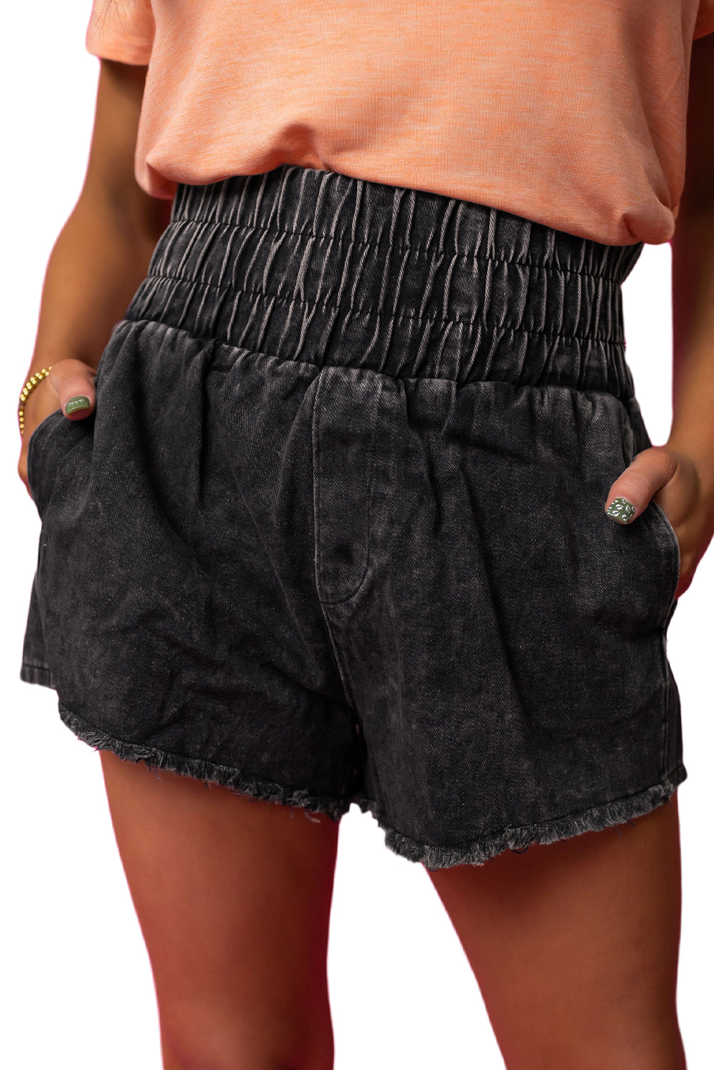 Honeybee Mumford's Black Smocked High Waist Mineral Washed Jean Shorts