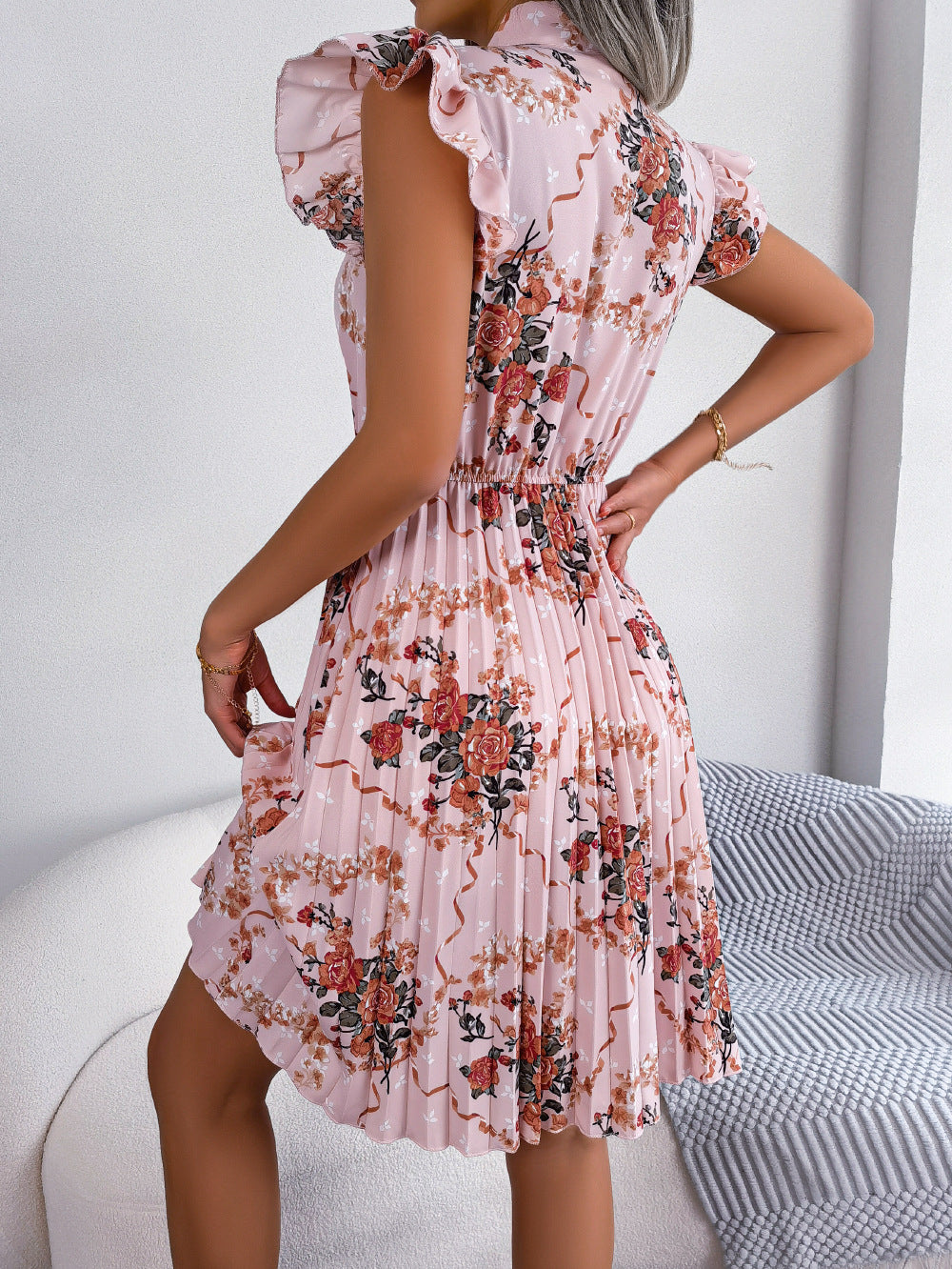 Honeybee Mumford's Pleated Floral Printed Tie Neck Knee Length Dress