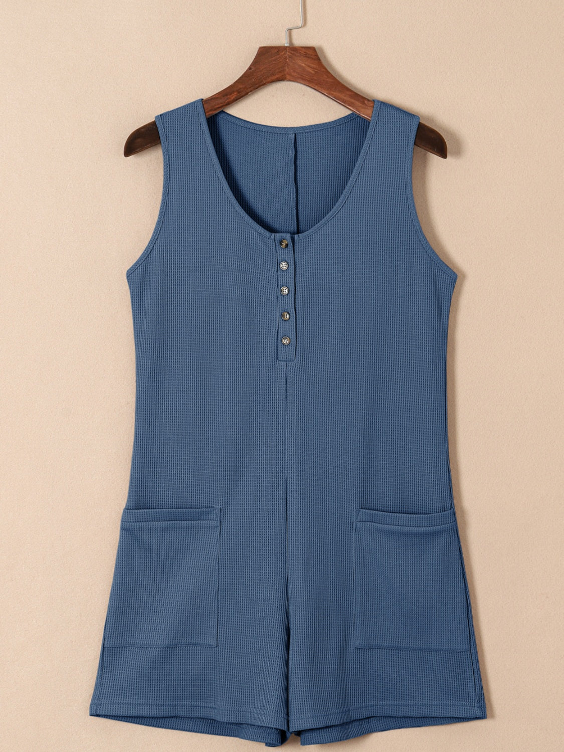 Honeybee Mumford's Waffle-Knit Half Button Sleeveless Romper with Pockets