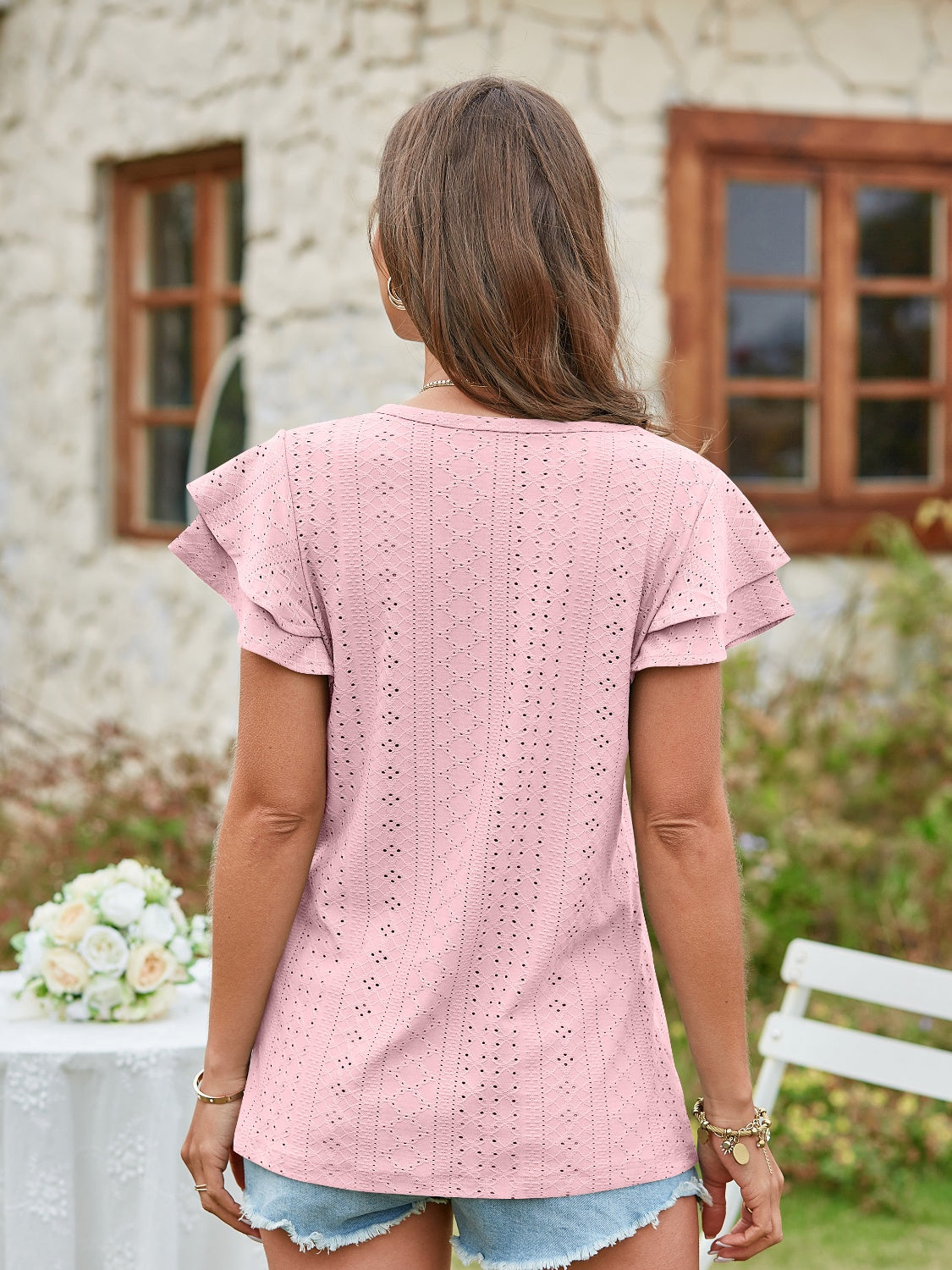 Honeybee Mumford's Eyelet V-Neck Short Sleeve Blouse