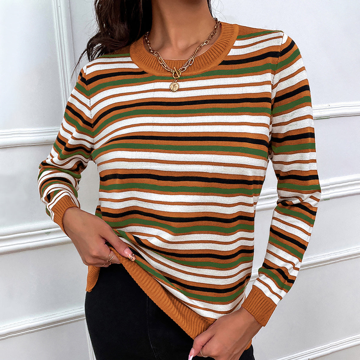 Honeybee Mumford's Striped Round Neck Long Sleeve Sweater