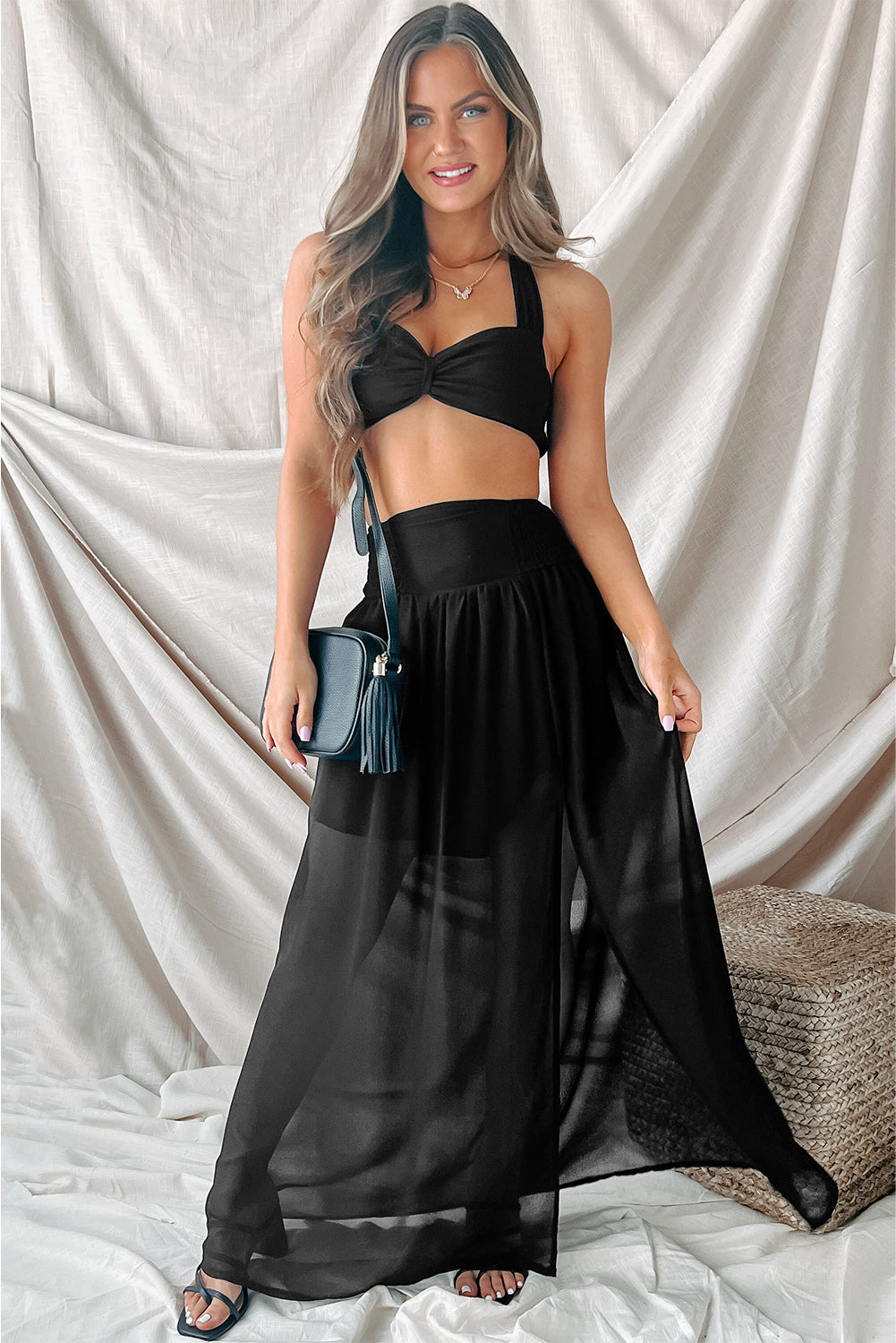 Honeybee Mumford's Black Shirred High Waist Chiffon Split Beach Maxi Skirt