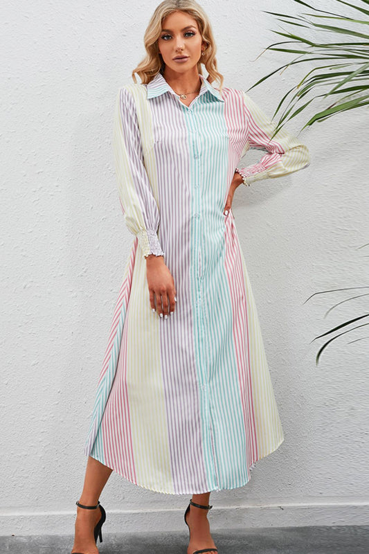 Honeybee Mumford's Rainbow Stripe Button-Up Maxi Shirt Dress