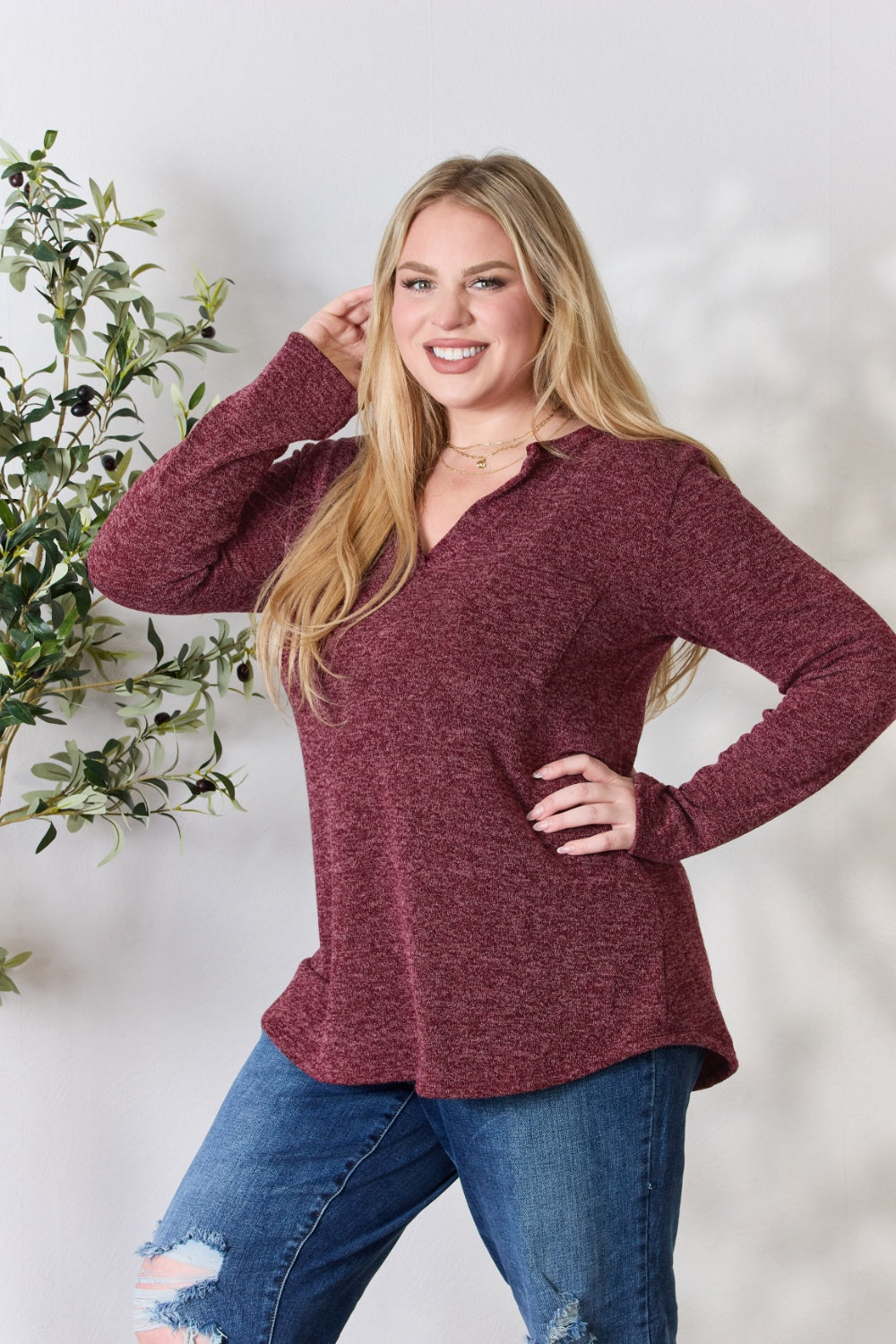 Honeybee Mumford's Heimish Full Size Notched Long Sleeve Top