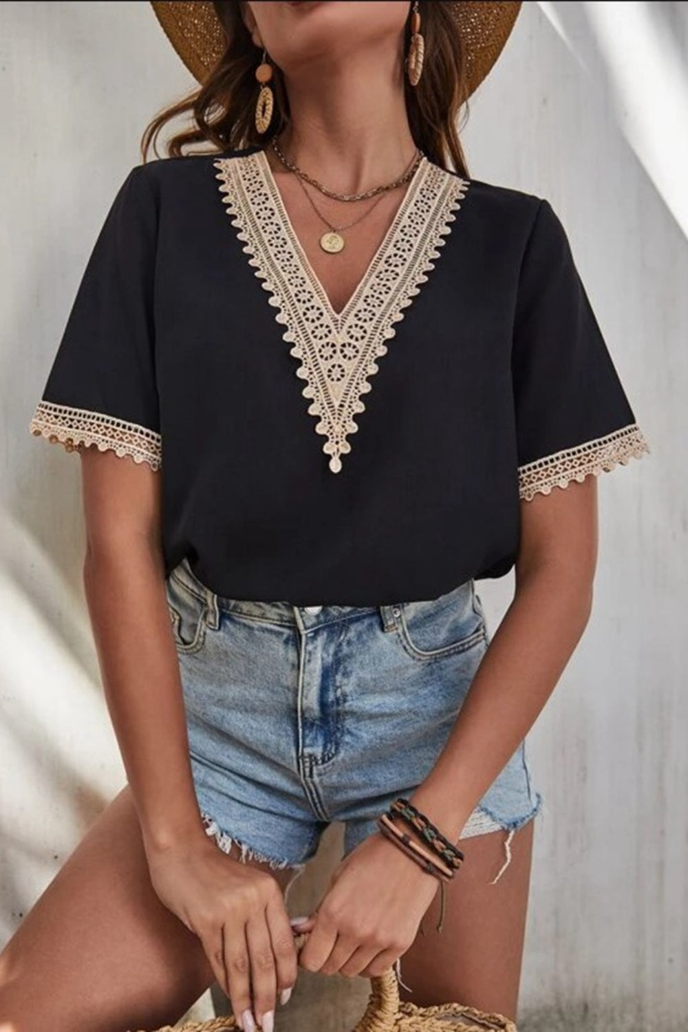 Honeybee Mumford's Lace Detail V-Neck Short Sleeve Blouse