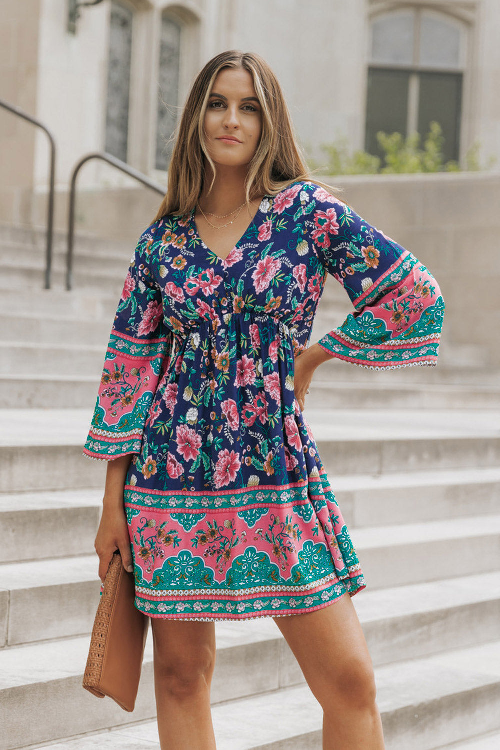 Honeybee Mumford's Bohemian Peacock Blue V-Neck Mini Dress