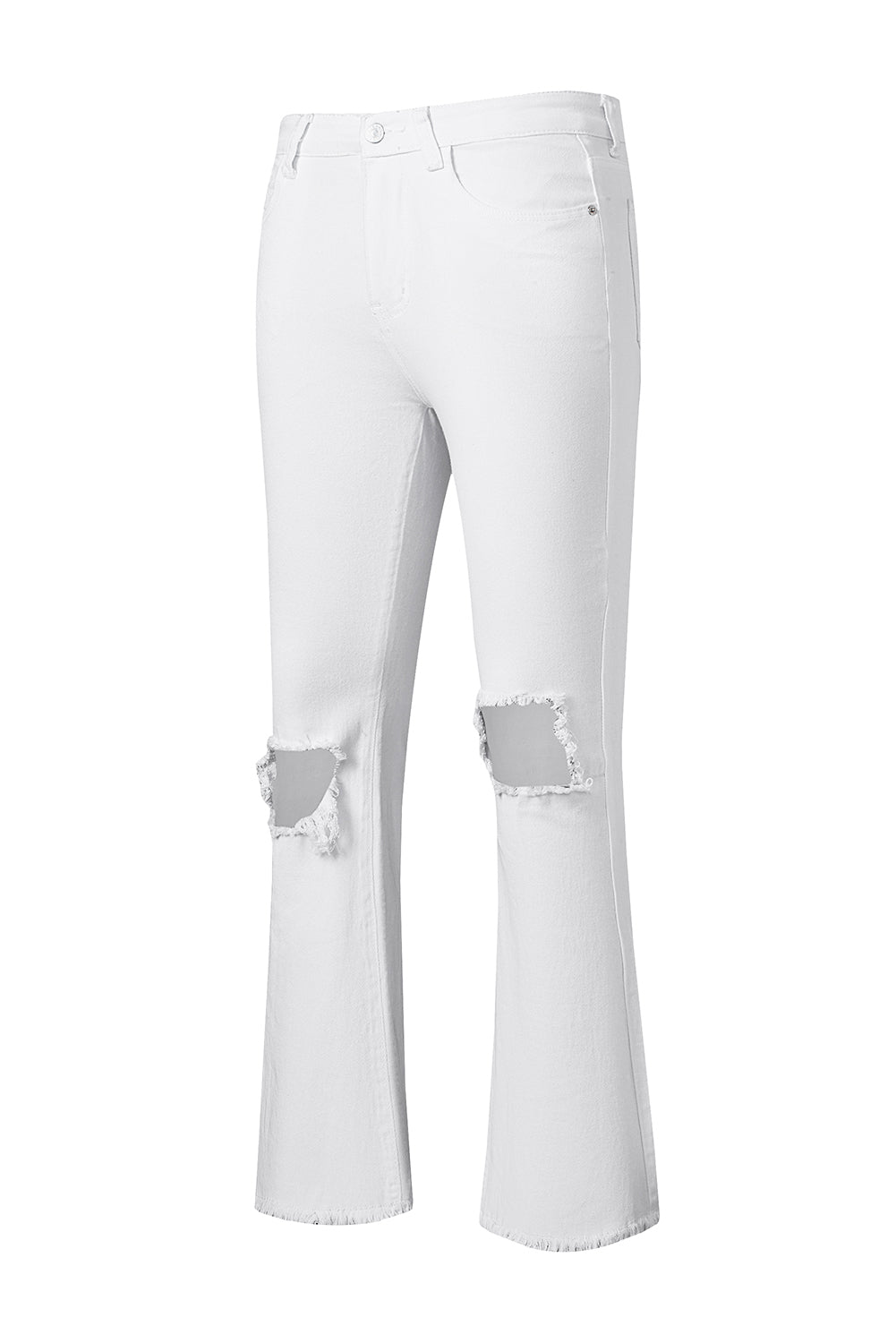 Honeybee Mumford's White Distressed Hollow-out Knee Frayed Flare Jeans