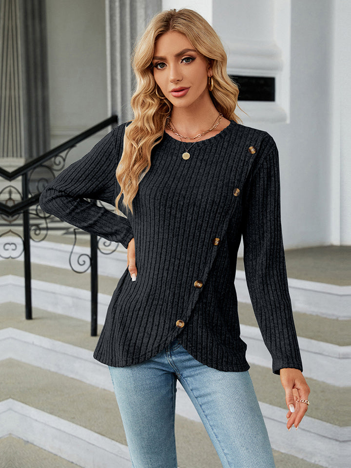 Honeybee Mumford's Round Neck Ribbed Button Detail Blouse