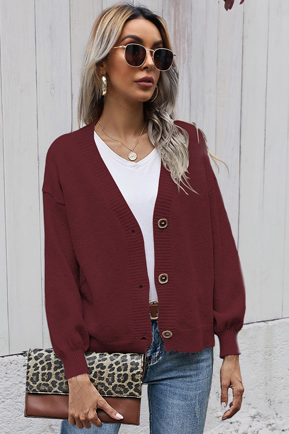 Honeybee Mumford's V-Neck Button-Down Dropped Shoulder Cardigan