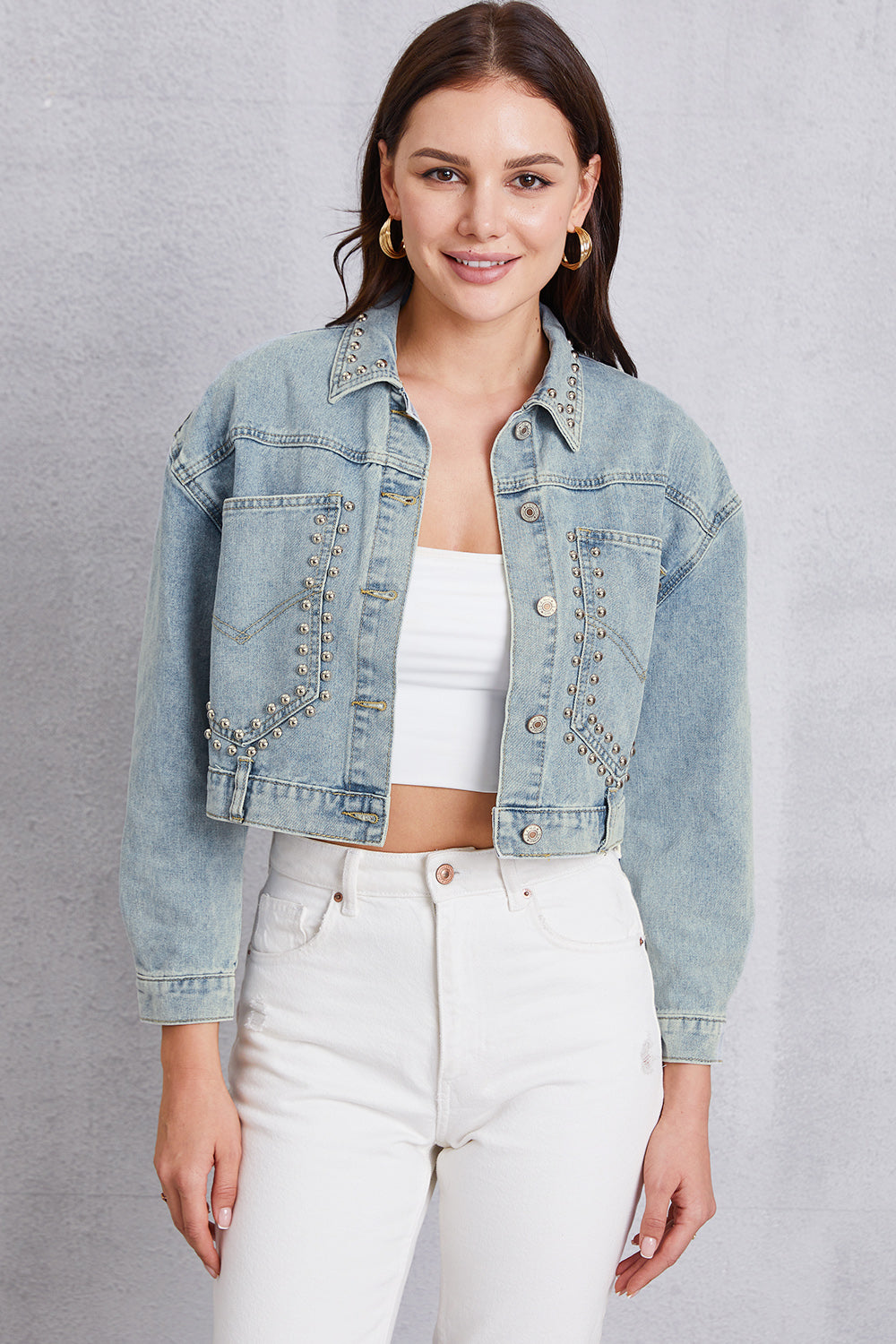 Honeybee Mumford's Studded Dropped Shoulder Denim Jacket