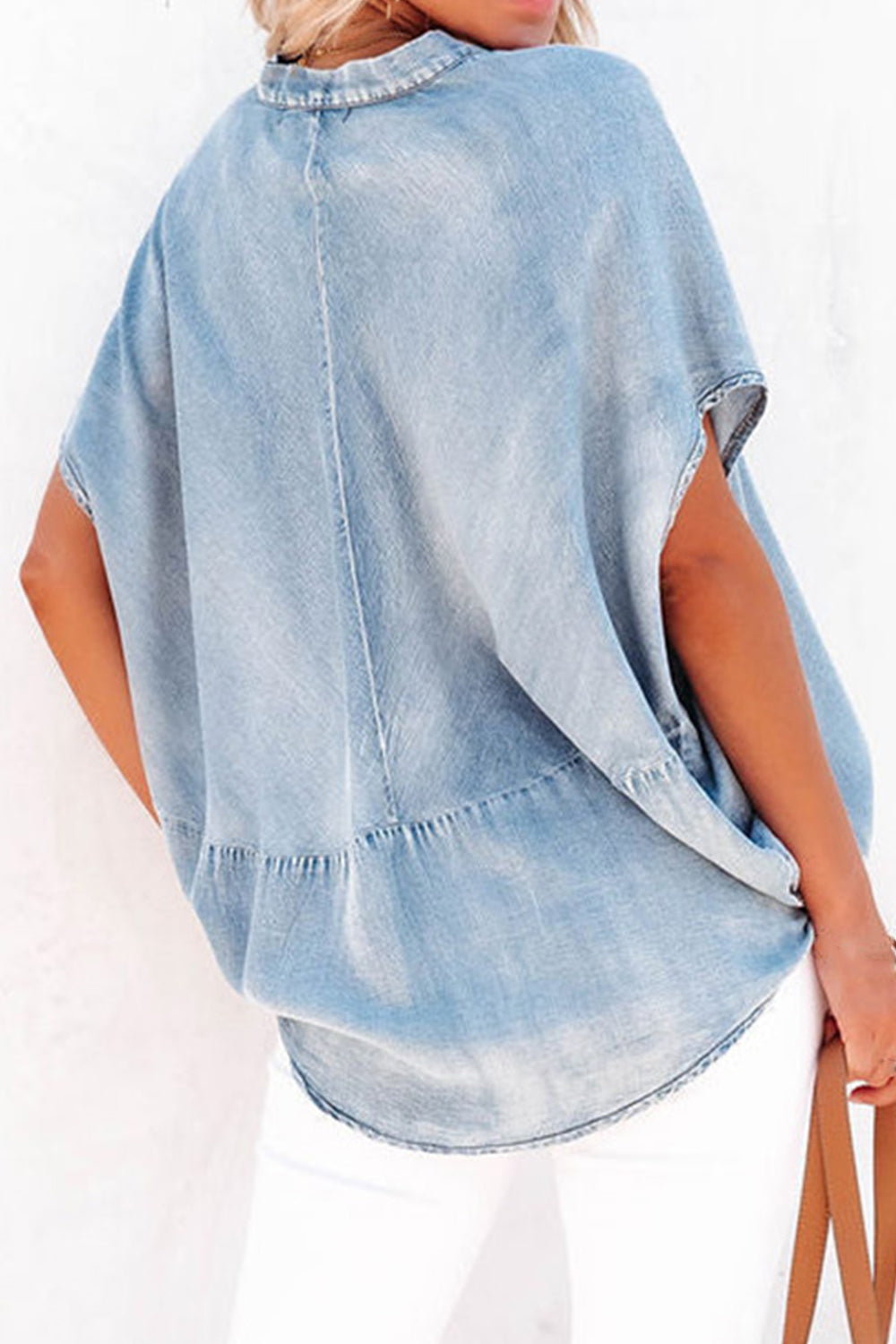 Honeybee Mumford's Notched Short Sleeve Denim Top