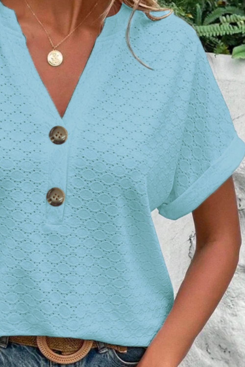 Honeybee Mumford's Eyelet Notched Short Sleeve Blouse