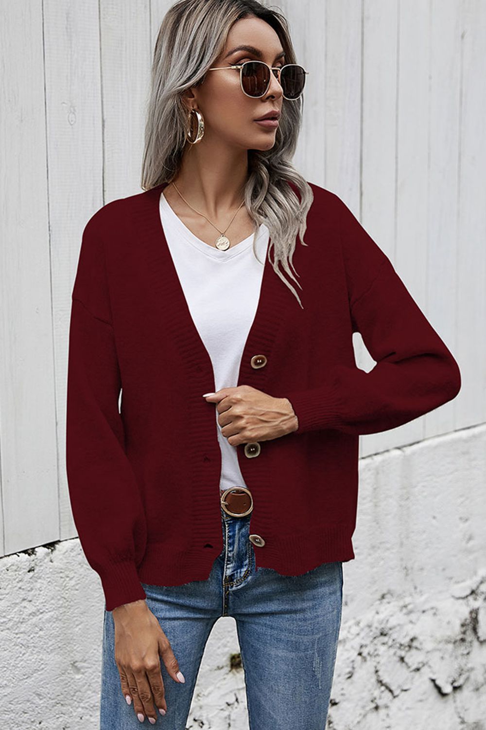 Honeybee Mumford's V-Neck Button-Down Dropped Shoulder Cardigan