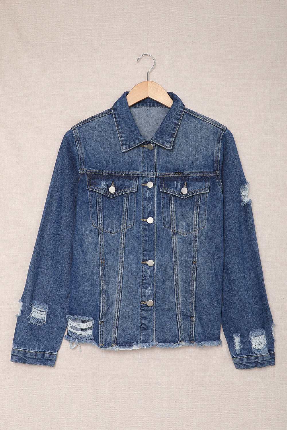 Honeybee Mumford's Blue Lapel Distressed Raw Hem Buttons Denim Jacket