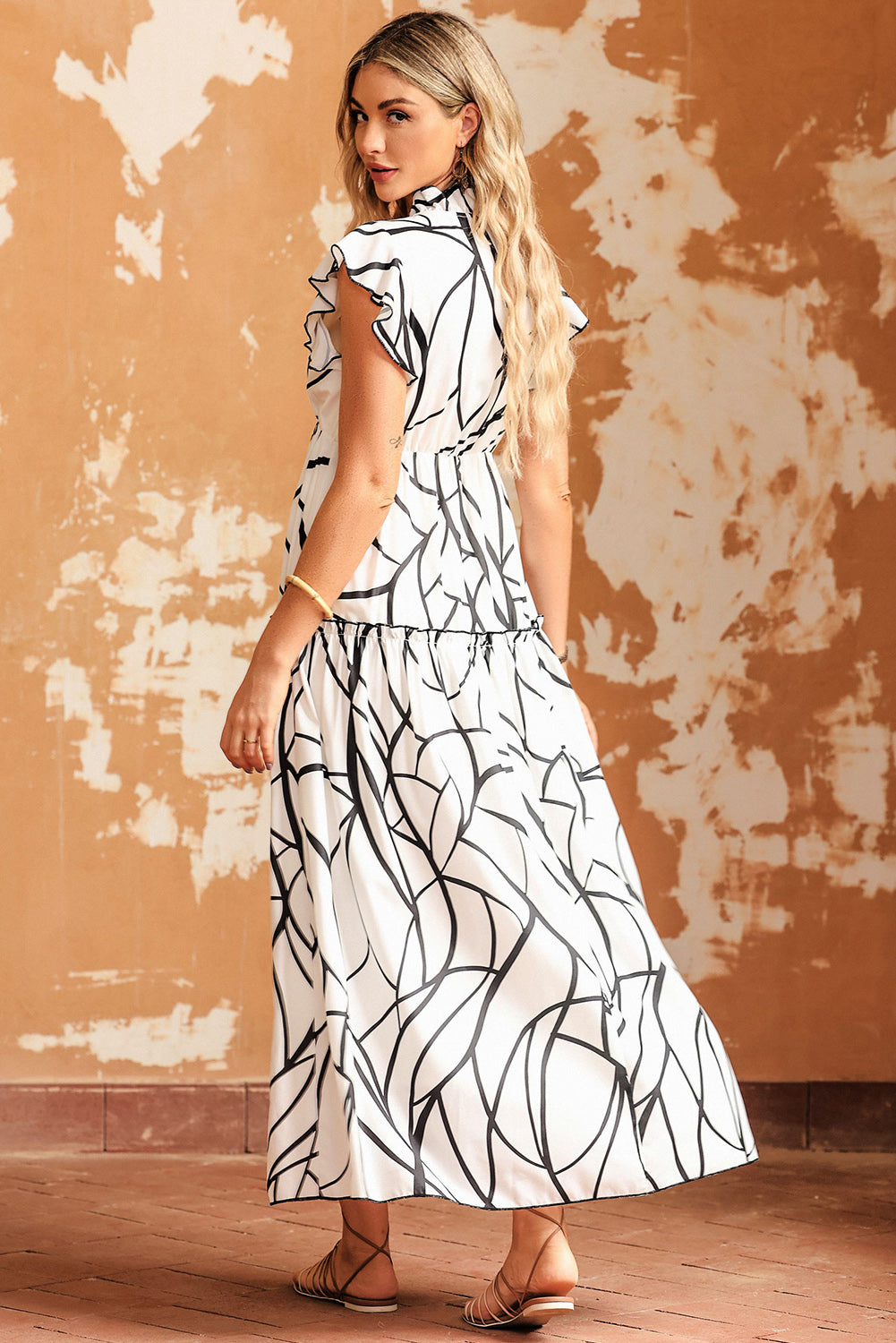 Honeybee Mumford's White Abstract Vein Print V Neck Ruffle Maxi Dress