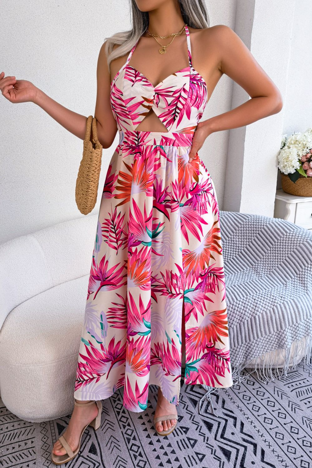 Honeybee Mumford's Botanical Tied Backless Cutout Maxi Dress