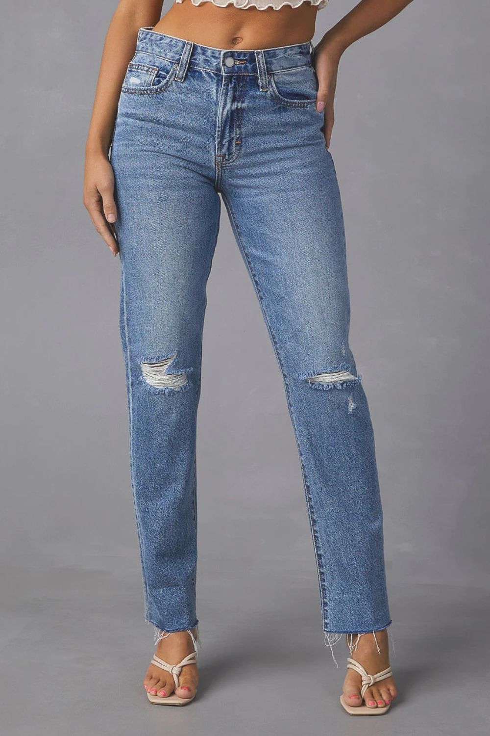 Honeybee Mumford's Distressed Raw Hem Straight Jeans with Pockets