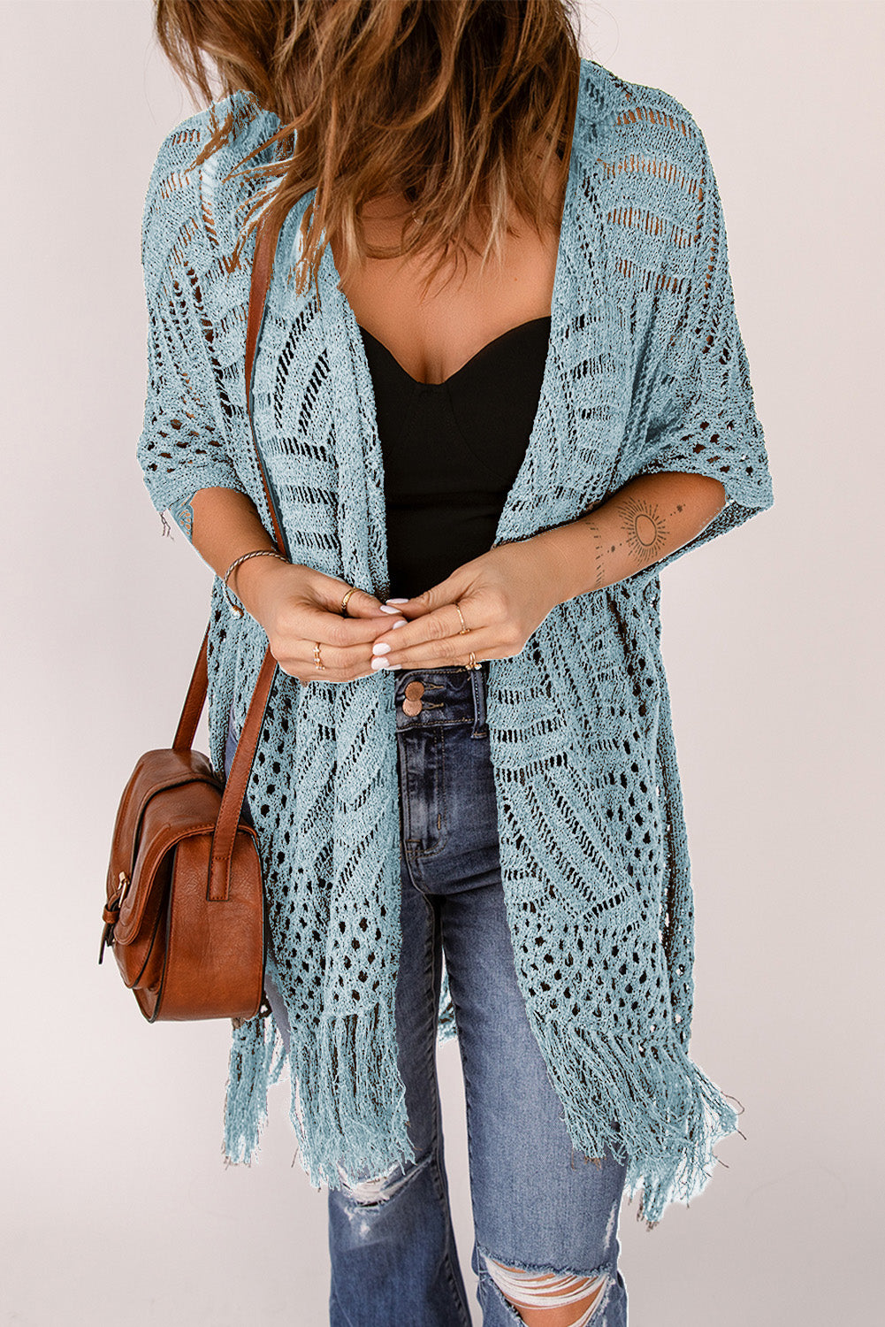 Honeybee Mumford's Openwork Open Front Cardigan with Fringes