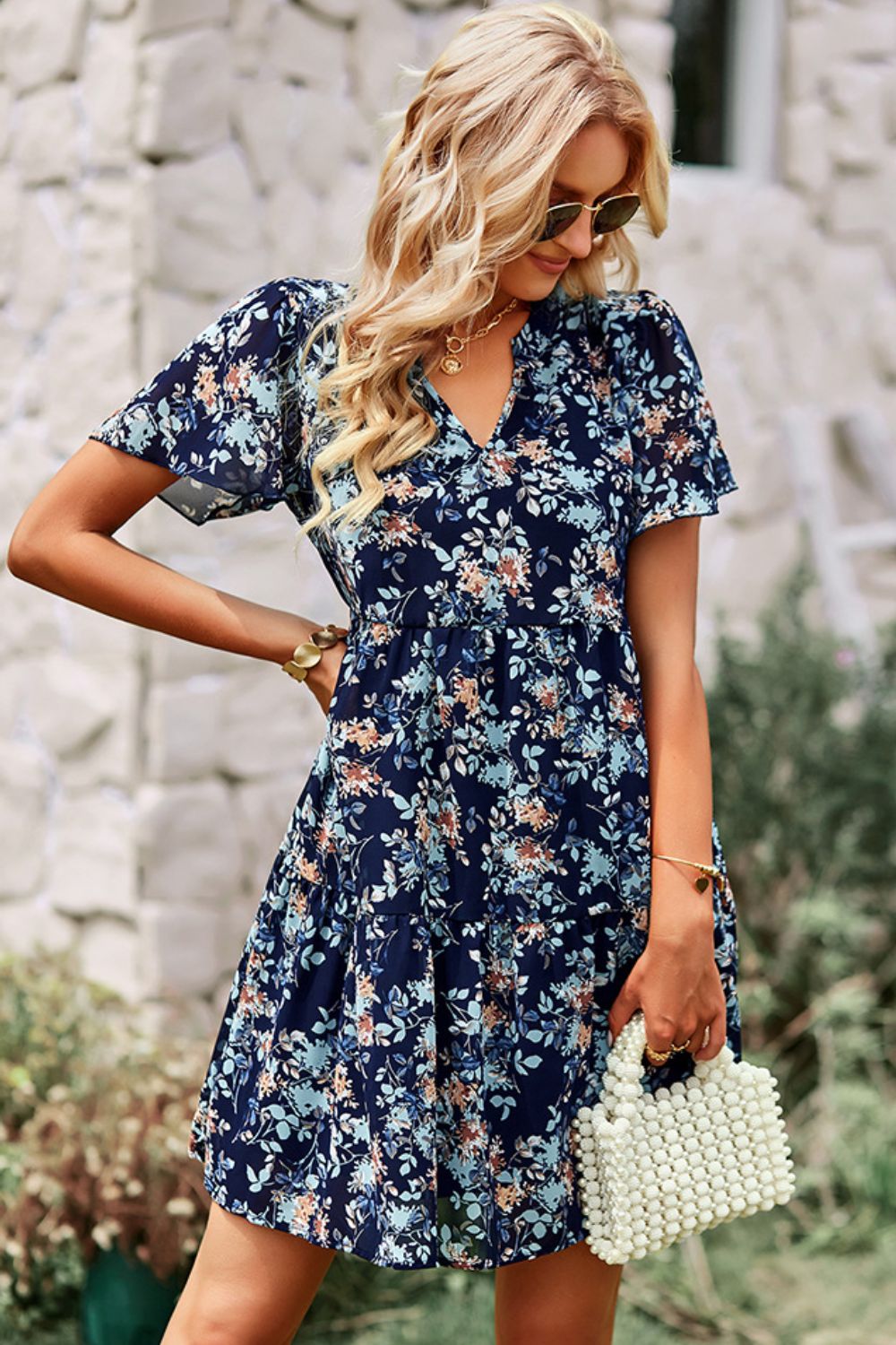 Honeybee Mumford's Floral Notched Flutter Sleeve Mini Dress