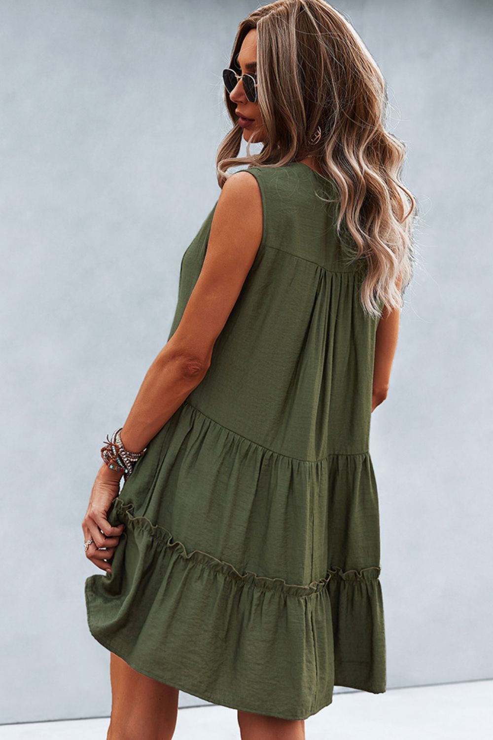 Honeybee Mumford's Frill Trim Notched Sleeveless Tiered Dress