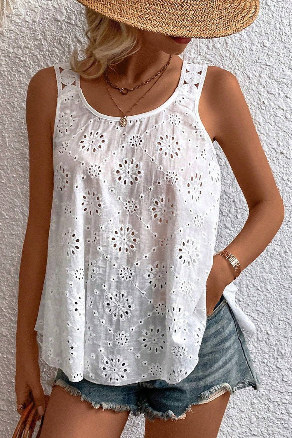 Honeybee Mumford's Eyelet Round Neck Wide Strap Tank