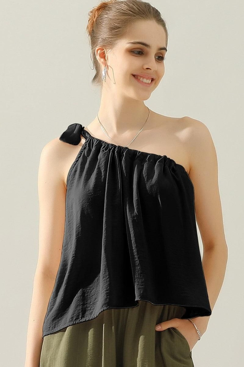 Honeybee Mumford's One Shoulder Bow Tie Strap Satin Silk Top