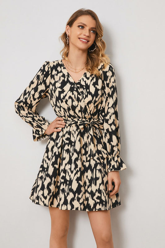 Honeybee Mumford's Animal Print Surplice Neck Long Flounce Sleeve Dress