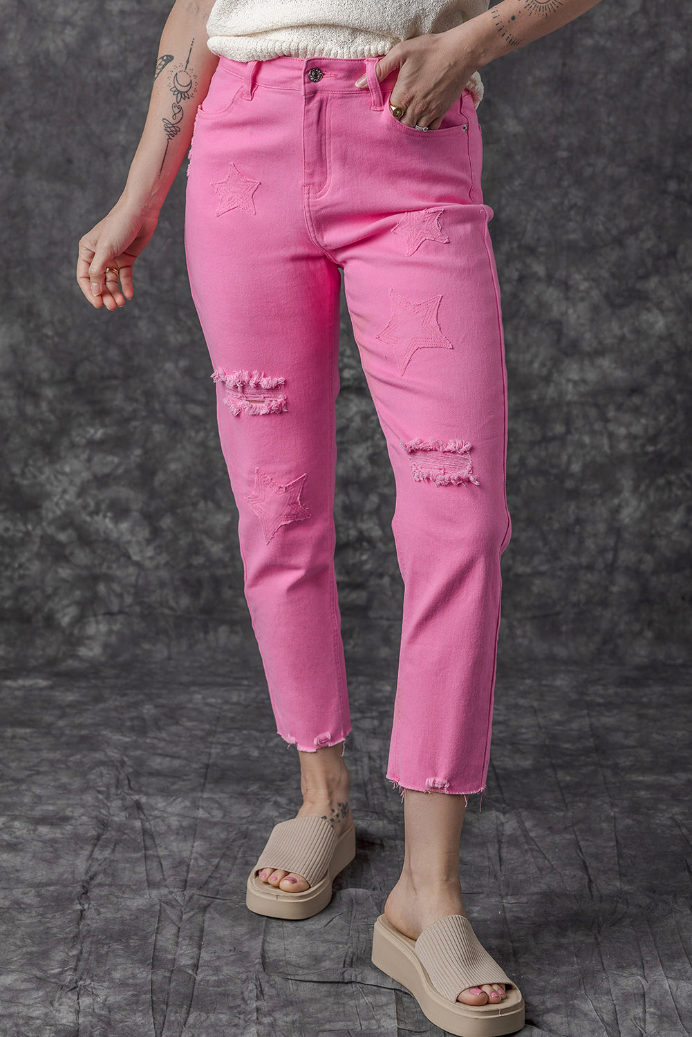 Honeybee Mumford's Pink Star Shape Patchwork Mid Waist Straight Leg Jeans