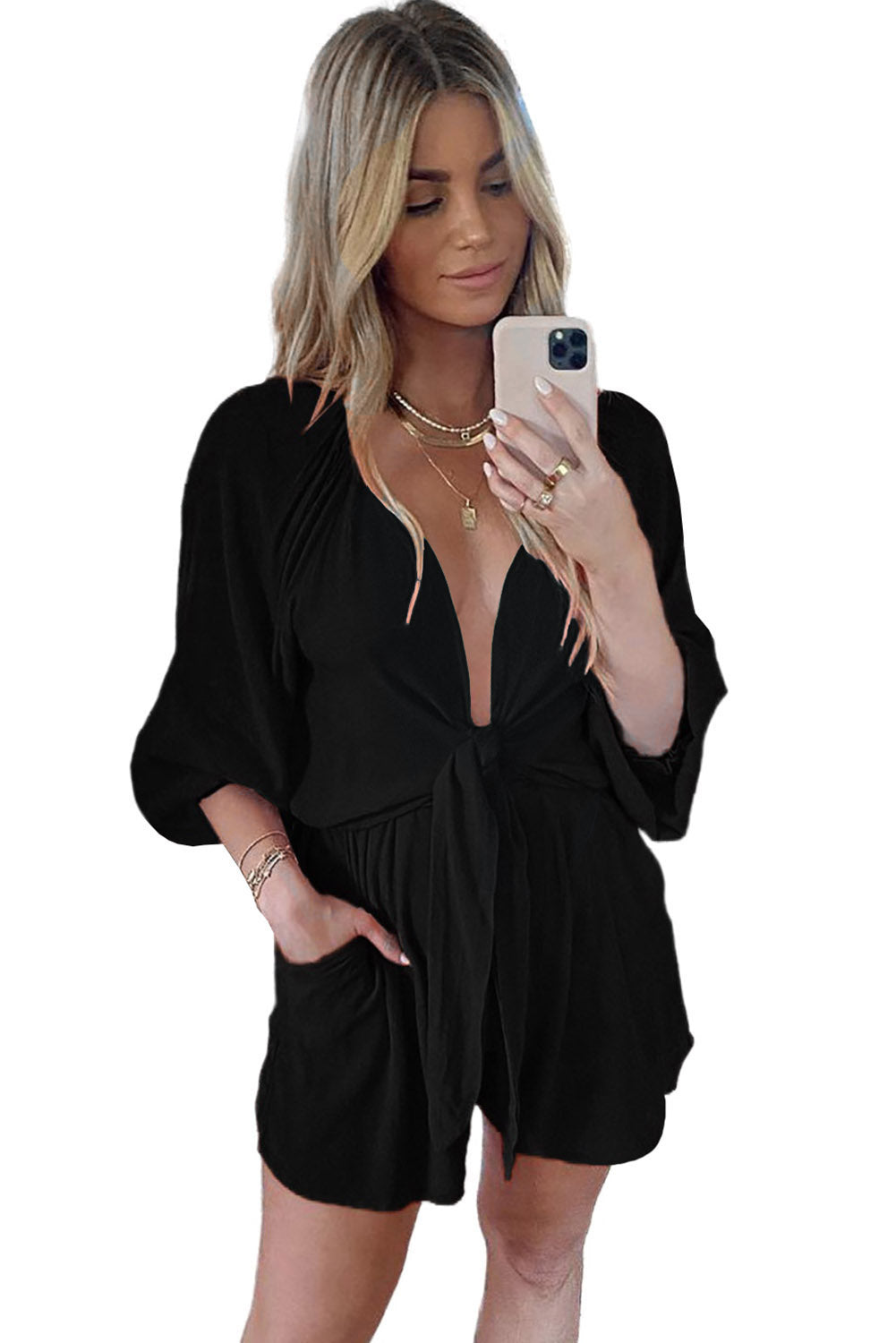 Honeybee Mumford's Black Tie Knot Puff Long Sleeve Romper